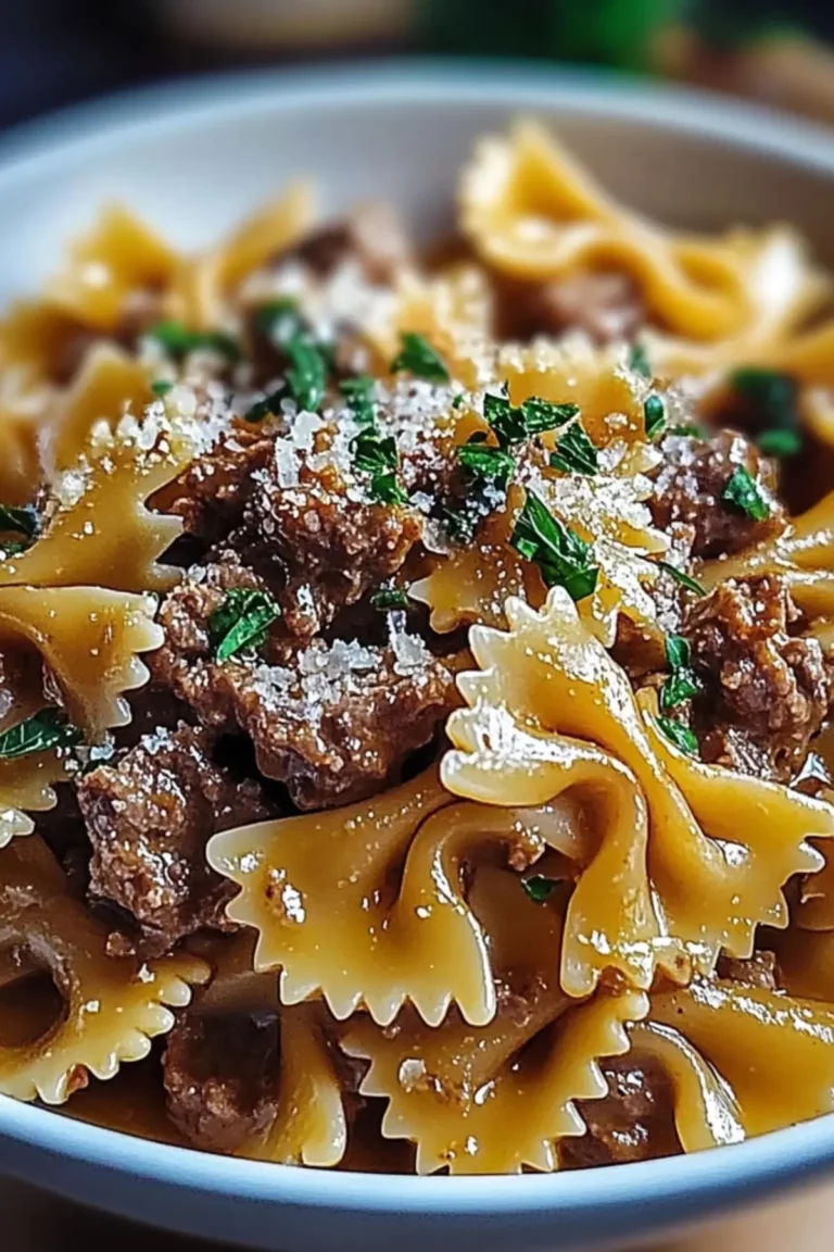 Cheesy Beef and Bowtie Pasta in Garlic Butter