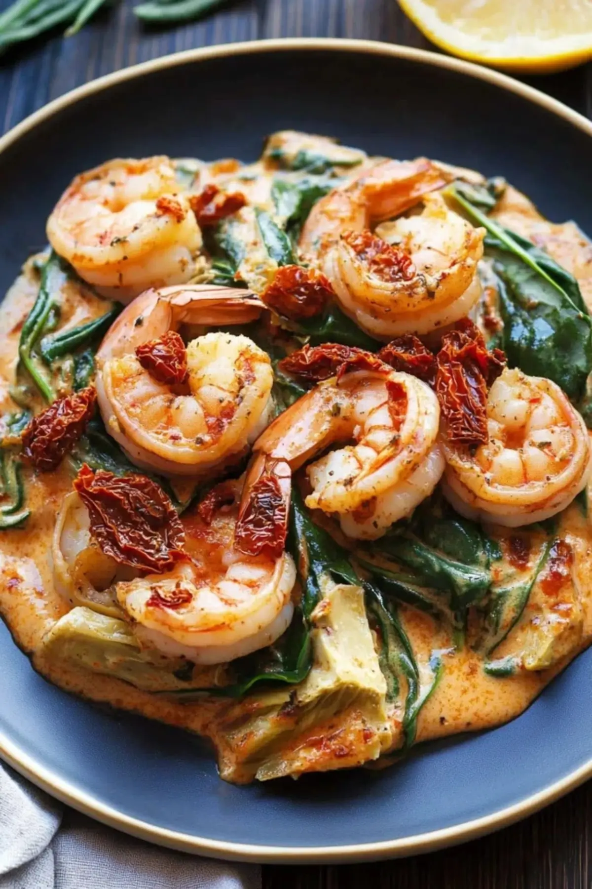 Tuscan Shrimp with Spinach, Artichokes, Sun-Dried Tomatoes