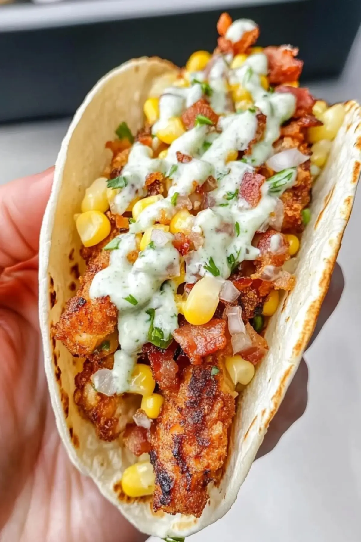 Fried Chicken Street Corn Tacos with Bacon and Jalapeno Lime Ranch 