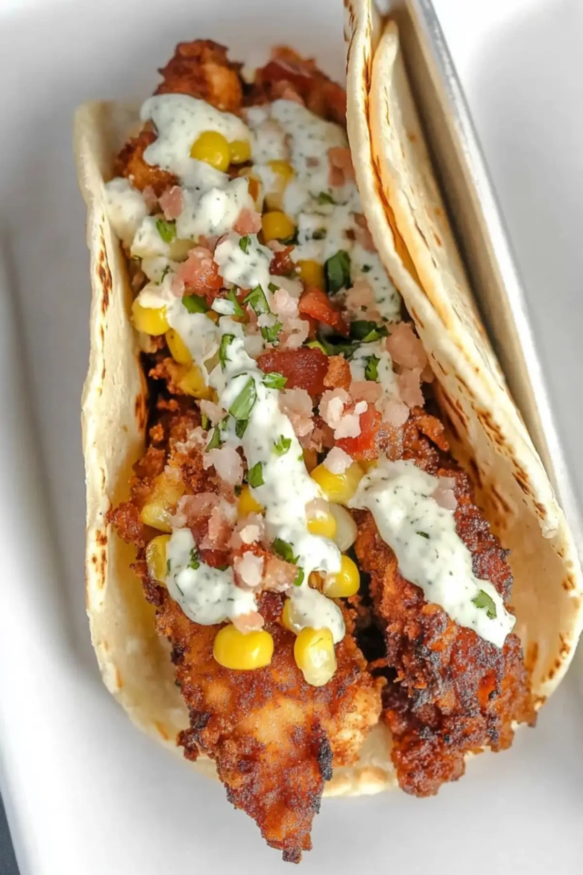 Fried Chicken Street Corn Tacos with Bacon and Jalapeno Lime Ranch