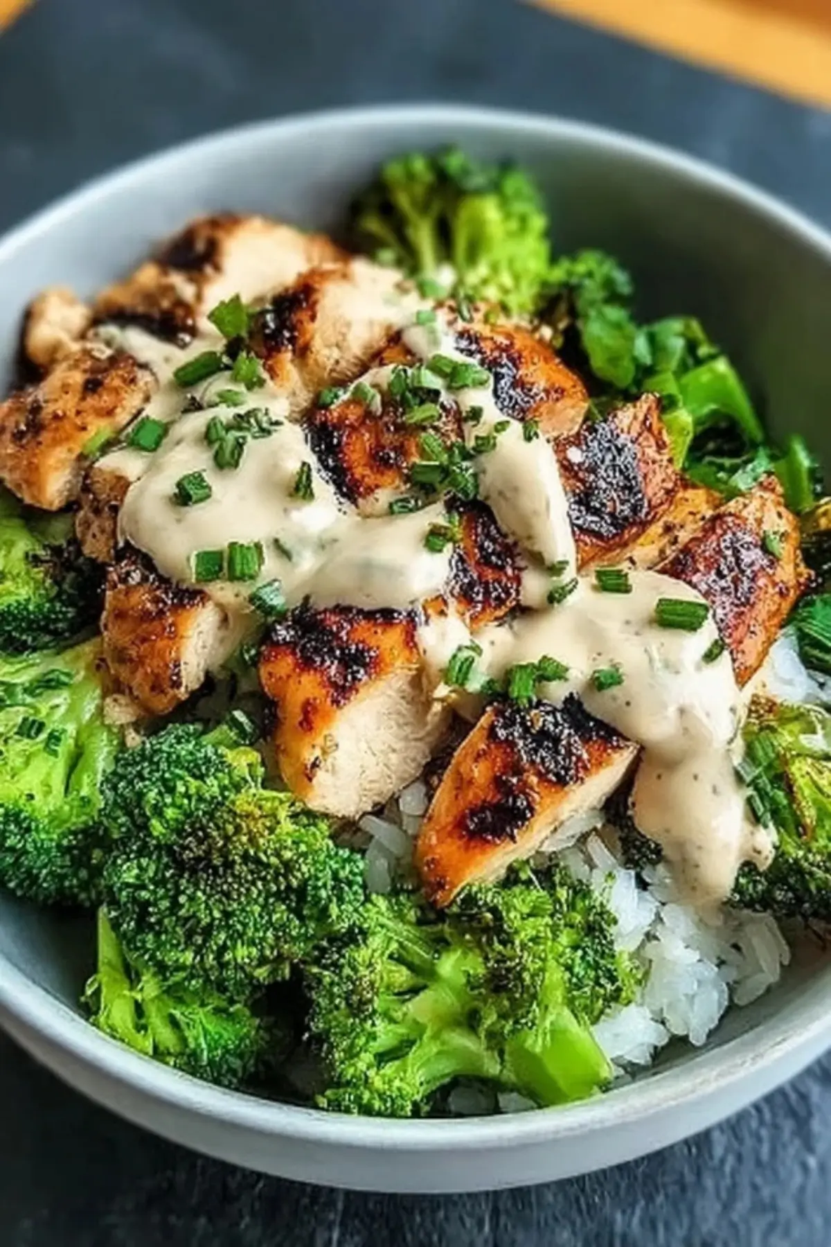 Grilled Chicken & Broccoli Bowls with Creamy Garlic Sauce