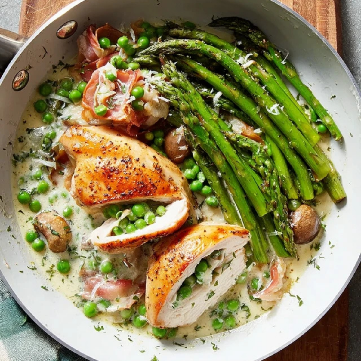 Fontina & Prosciutto Stuffed Chicken with Spring Vegetables