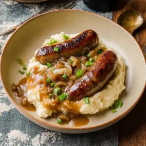 Irish Bangers and Mash with Guinness Onion Gravy