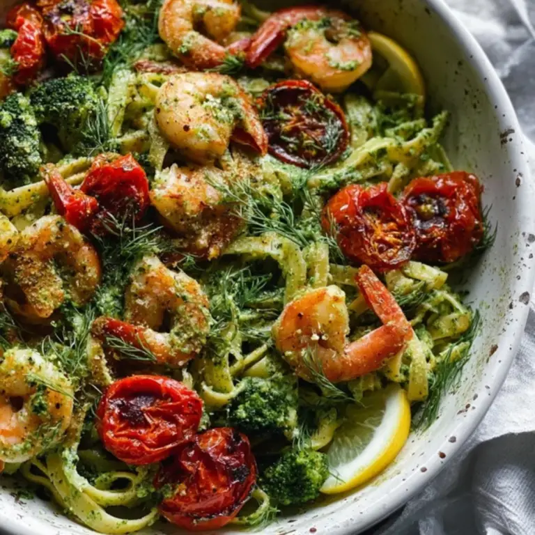 Shrimp Pasta with Dill Pesto and Garlic Roasted Tomatoes