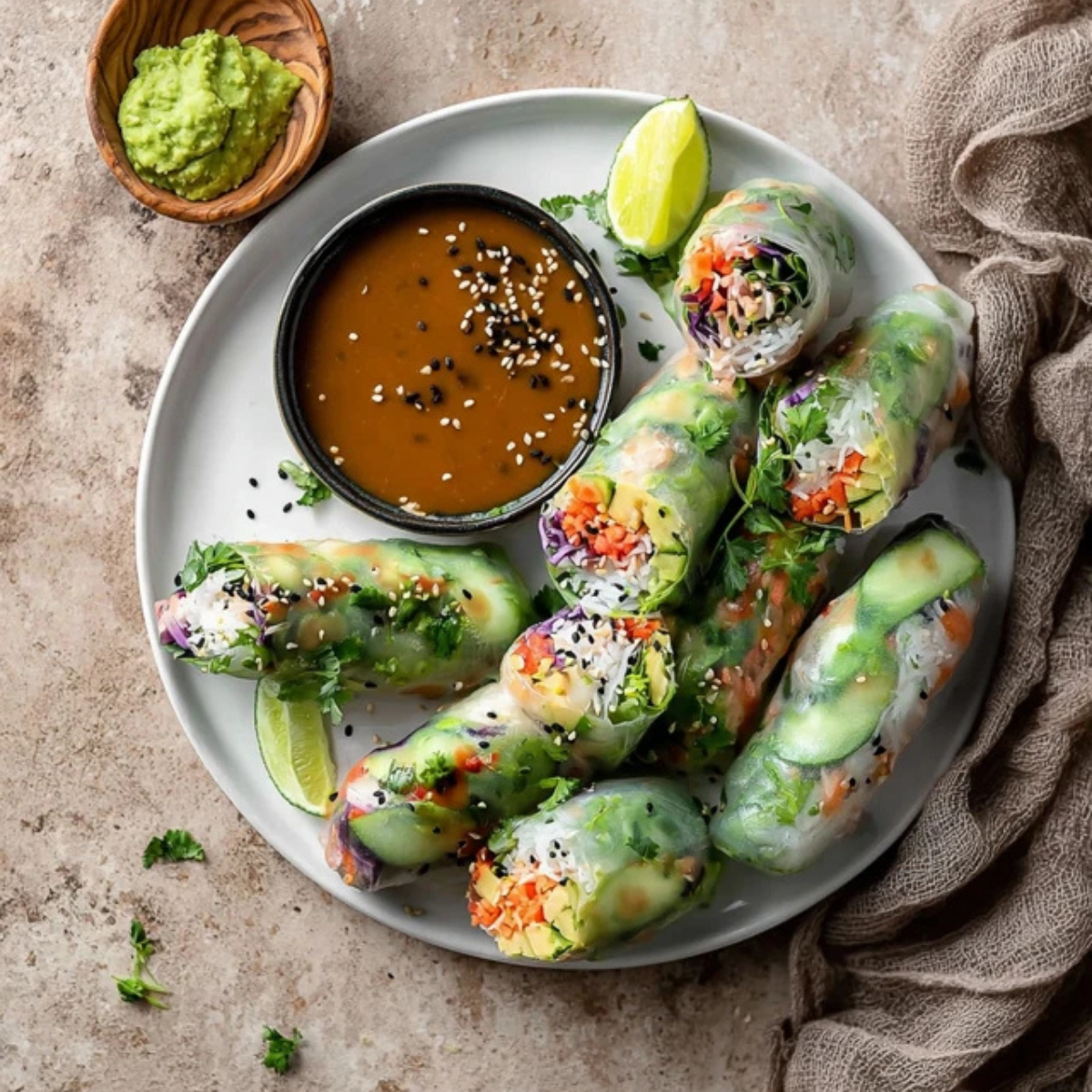 vegan rice paper rolls with spicy peanut sauce