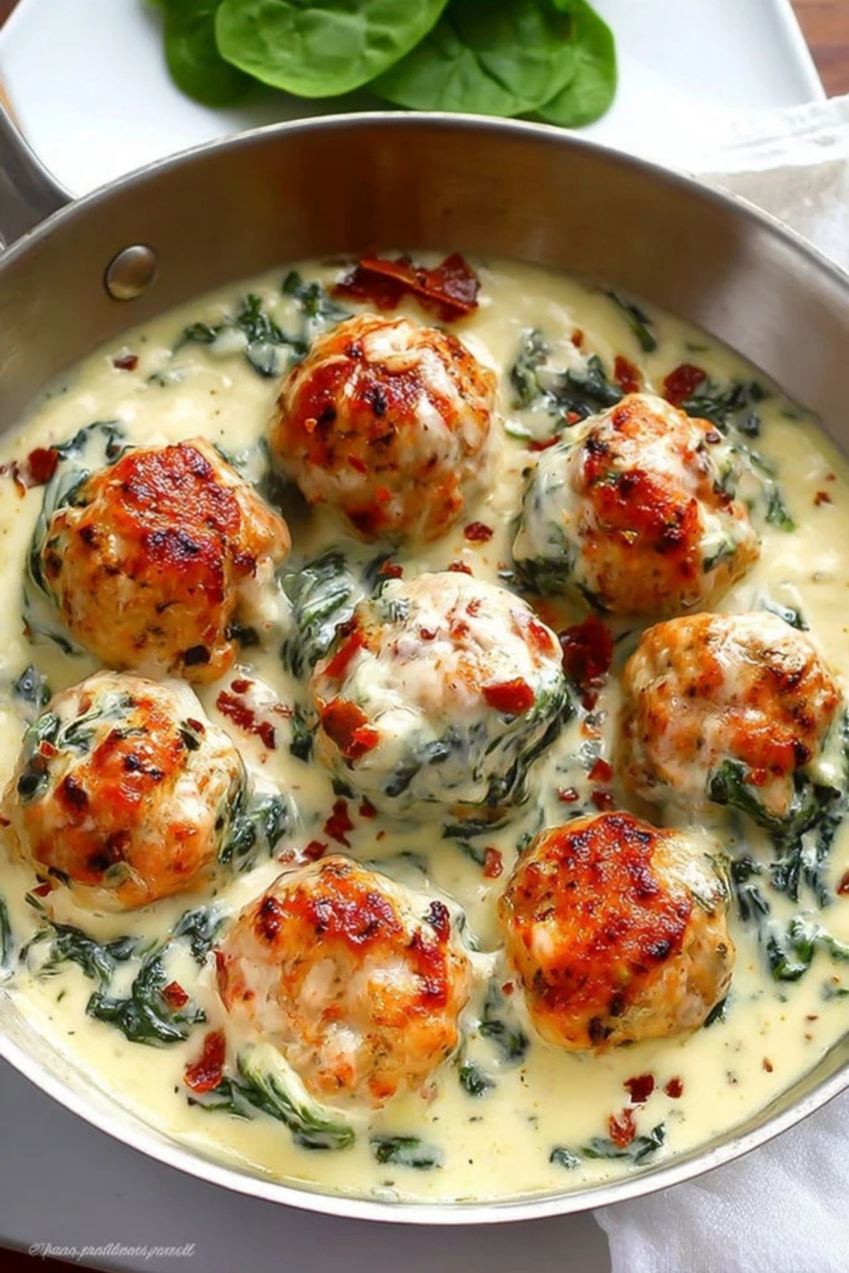Baked Chicken Ricotta Meatballs with Spinach Alfredo Sauce