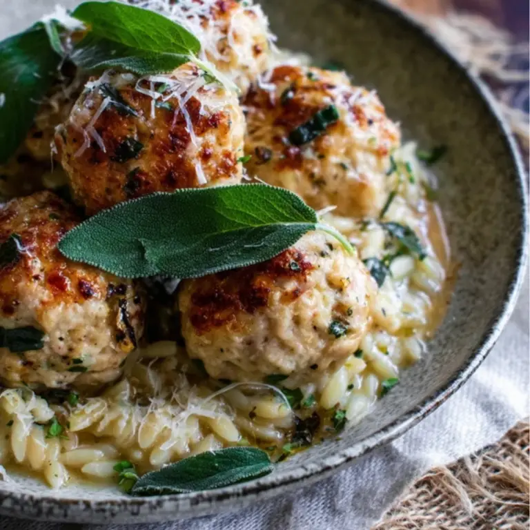 Baked Sage Chicken Meatballs with Parmesan Orzo