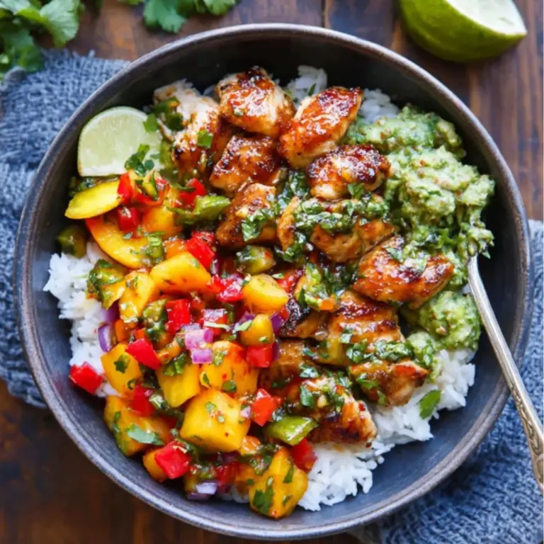 Cilantro Lime Chicken Bowls with Peach Salsa
