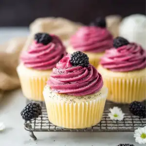 Lemon Poppy Seed Cupcakes with Blackberry Frosting