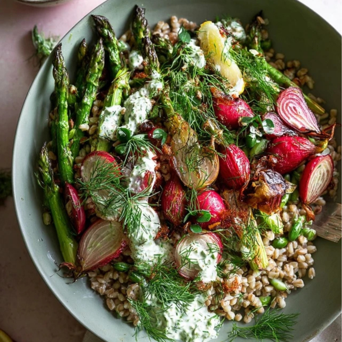 Spring Farro Bowl with Herb Yogurt Sauce