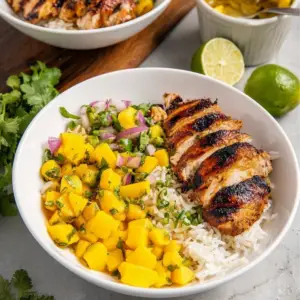 Jerk Chicken Bowls with Mango Salsa and Coconut Rice
