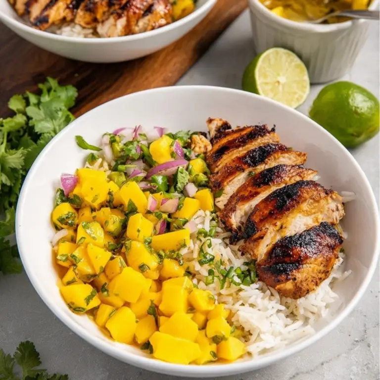 Jerk Chicken Bowls with Mango Salsa and Coconut Rice