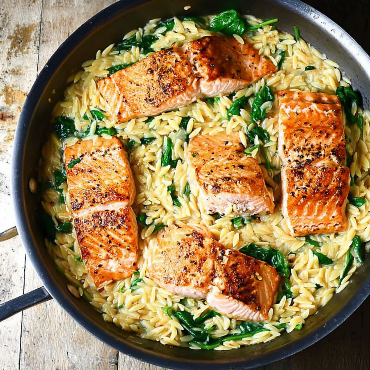 One Skillet Salmon with Lemon Orzo