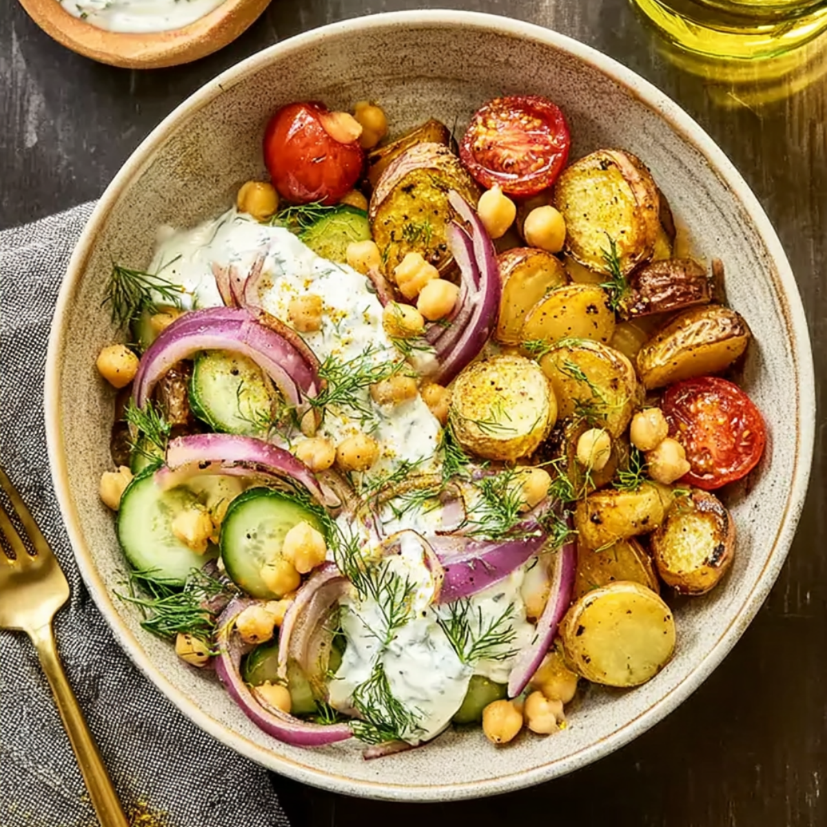 Roasted Potato Tzatziki Bowls