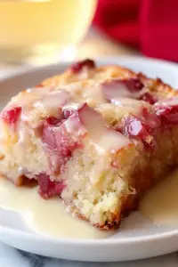 Slice of warm rhubarb cake with butter sauce on a white plate, garnished with powdered sugar and fresh rhubarb.