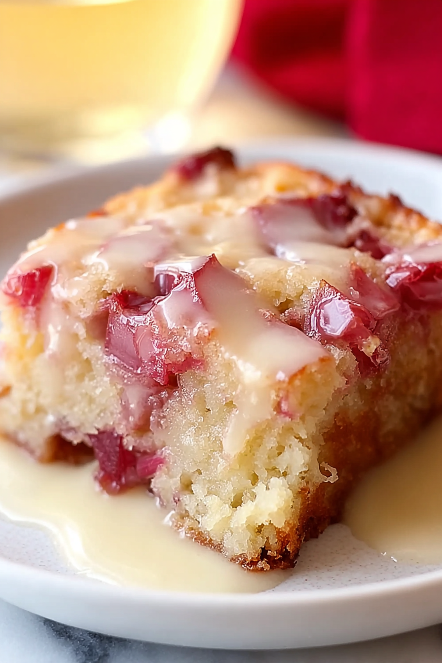 Slice of warm rhubarb cake with butter sauce on a white plate, garnished with powdered sugar and fresh rhubarb.