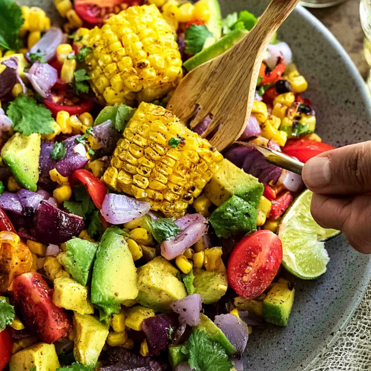 Charred Corn Avocado Salad with Roasted Red Onions