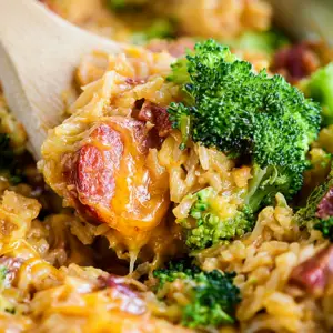 Cheesy Kielbasa Rice and Broccoli Skillet