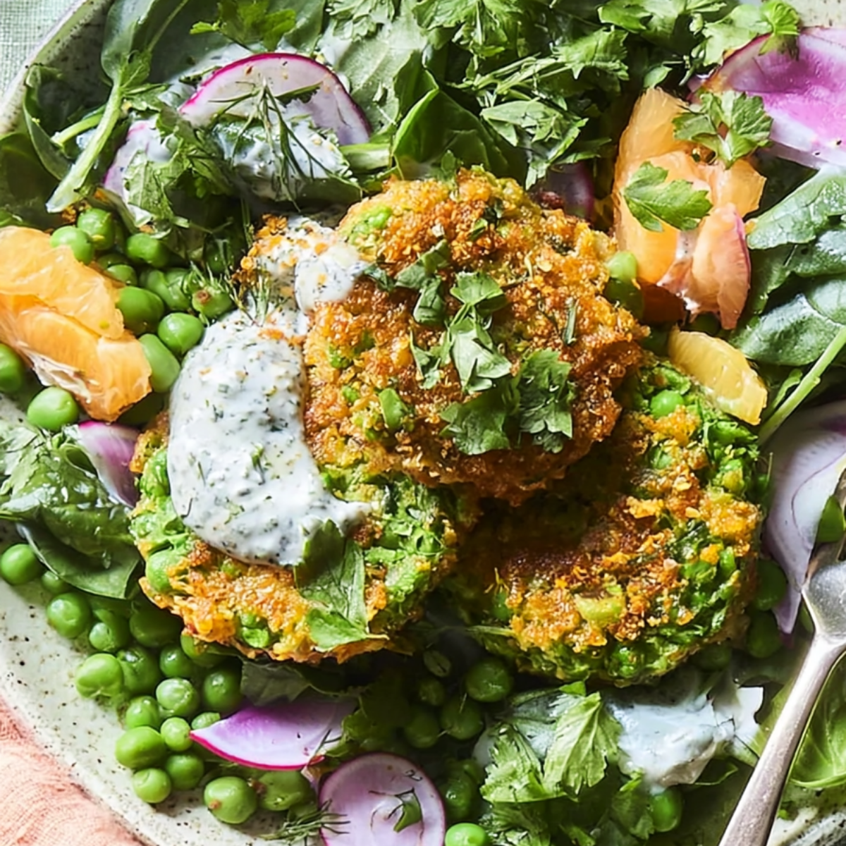 Crispy Pea Fritter Salad