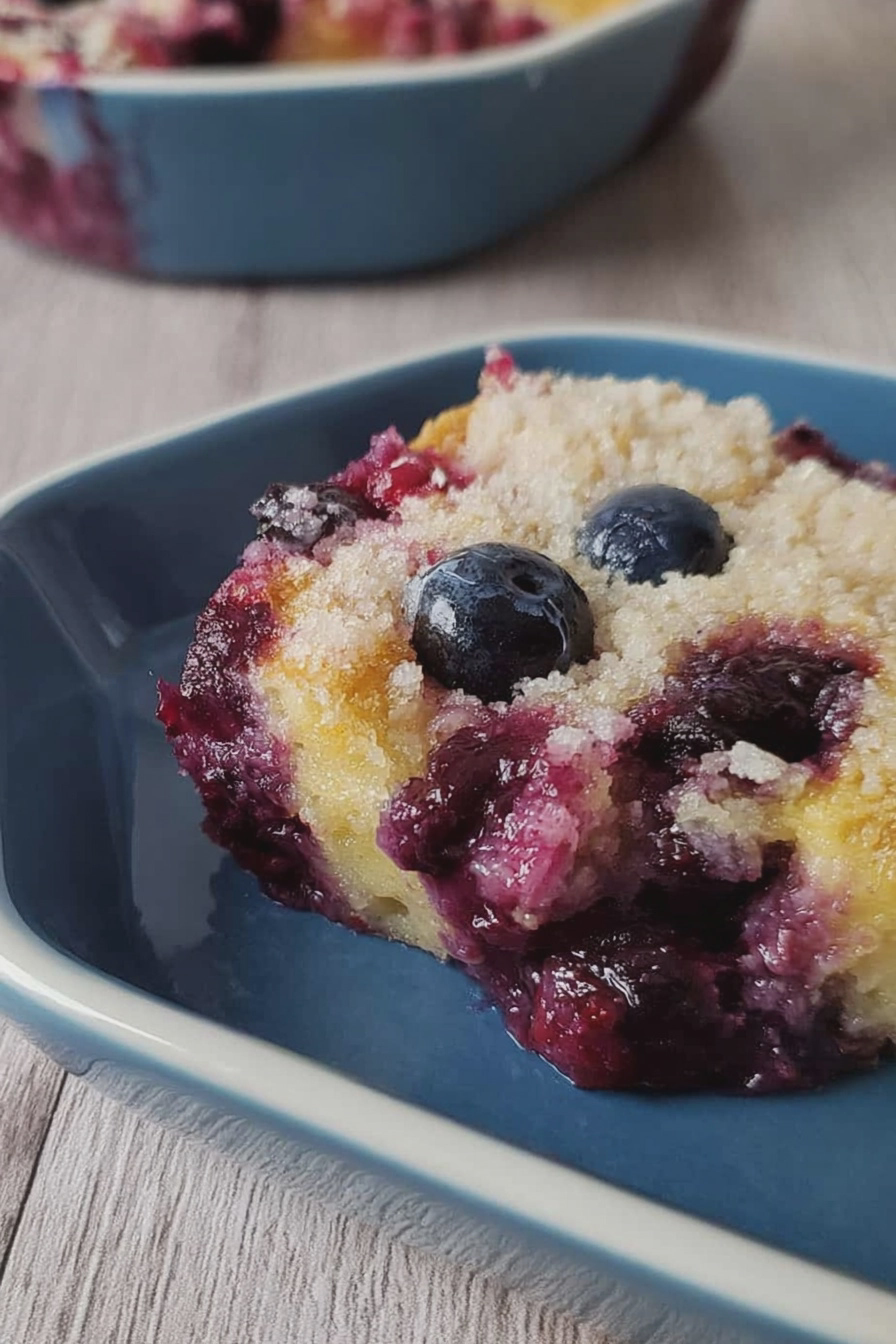 Delicious homemade blueberry pudding cake with fresh blueberries on a wooden table