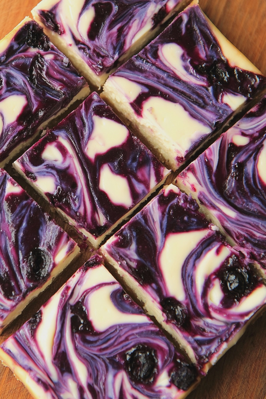 Delicious blueberry swirl cheesecake bars garnished with fresh blueberries and mint on a white plate.