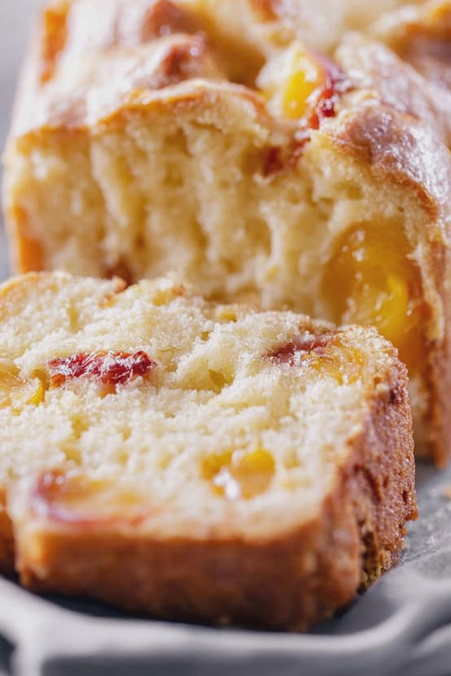 Freshly baked slice of buttermilk peach bread with juicy peaches on a wooden table.
