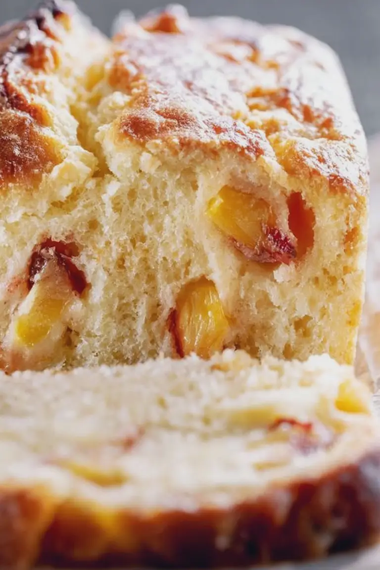 A slice of buttermilk peach bread displayed on a cutting board with fresh peach slices and mint, highlighting its golden brown texture.