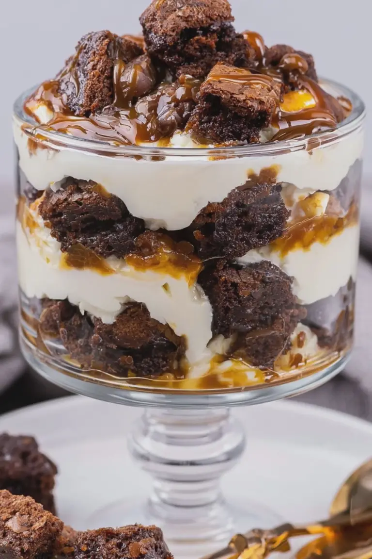 Delicious caramel brownie trifle served in a glass dish, showcasing layers of brownie, cheesecake pudding, and caramel sauce.