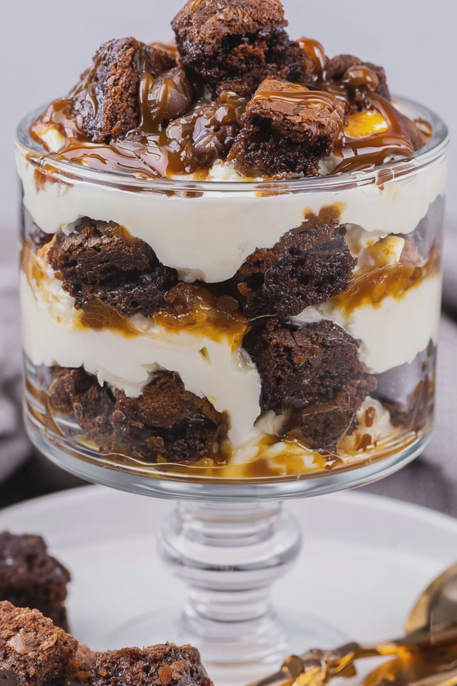 Delicious caramel brownie trifle served in a glass dish, showcasing layers of brownie, cheesecake pudding, and caramel sauce.