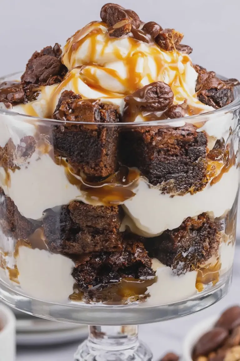 Close-up of a decadent caramel brownie trifle with layers of brownies and cream