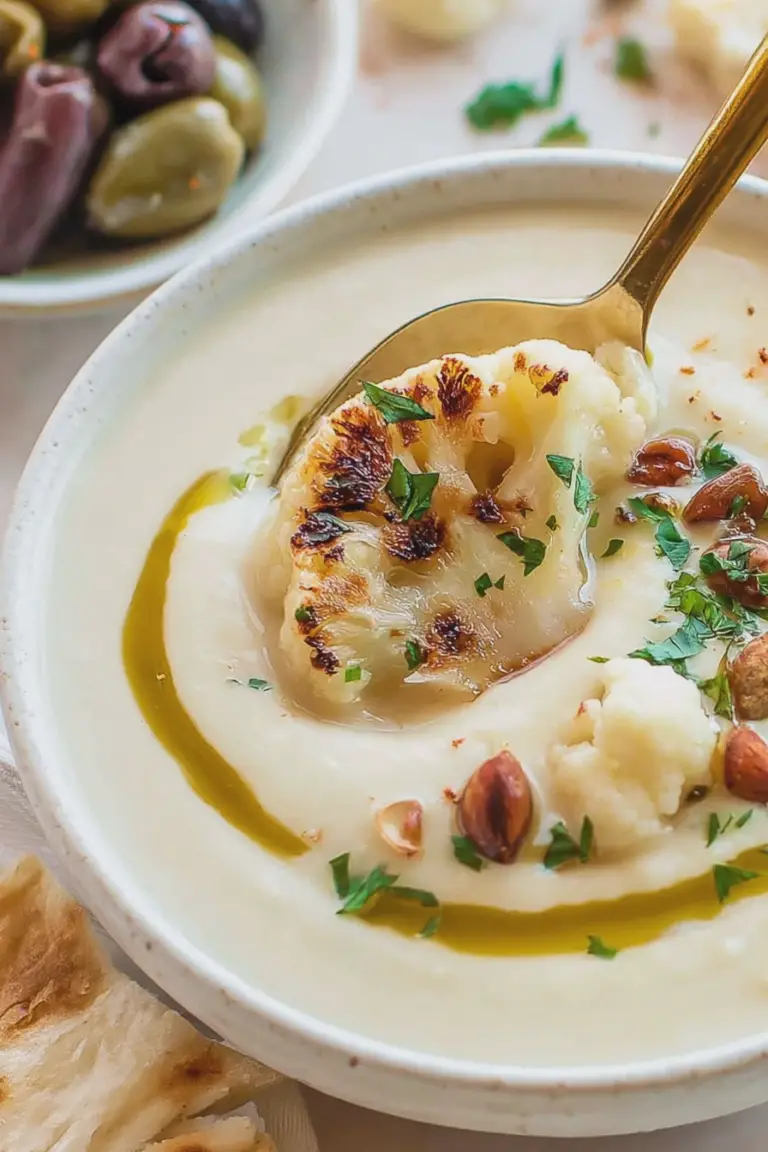 Bowl of creamy cauliflower soup with roasted cauliflower, parsley, and garlic oil, served on a wooden table.