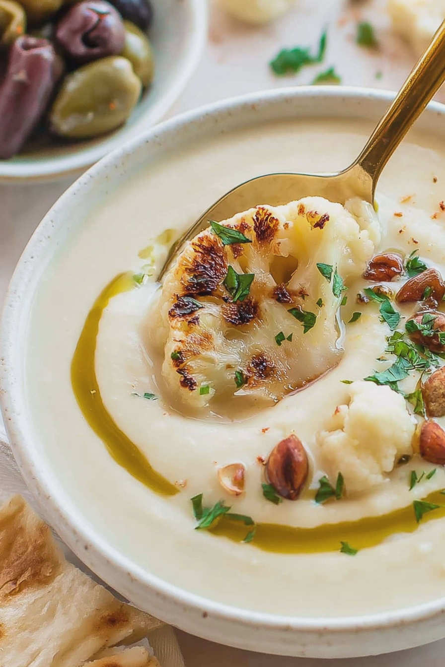 Bowl of creamy cauliflower soup with roasted cauliflower, parsley, and garlic oil, served on a wooden table.