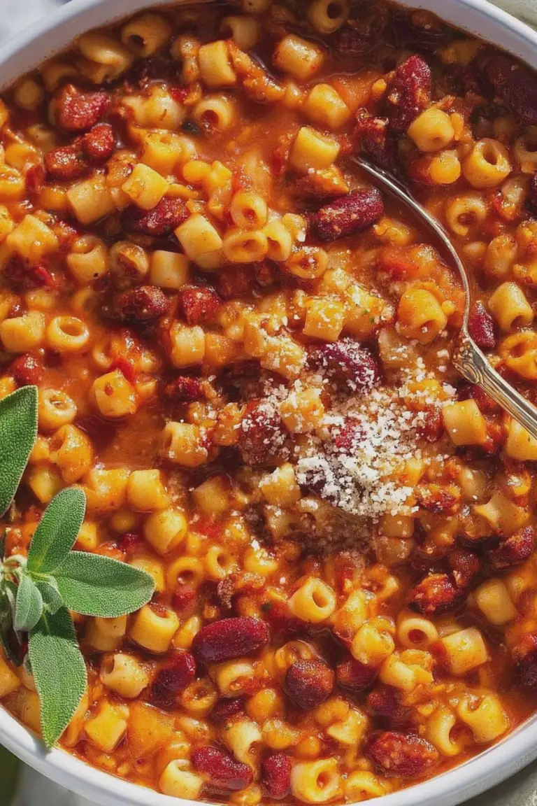 Warm bowl of creamy pasta e fagioli topped with fresh herbs and olive oil, accompanied by crusty bread.