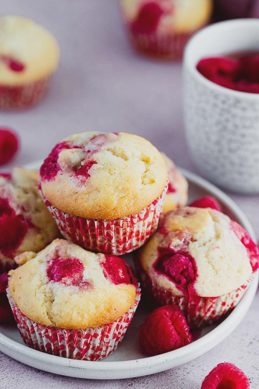Freshly baked raspberry muffins cooling on a rack with raspberries scattered around.