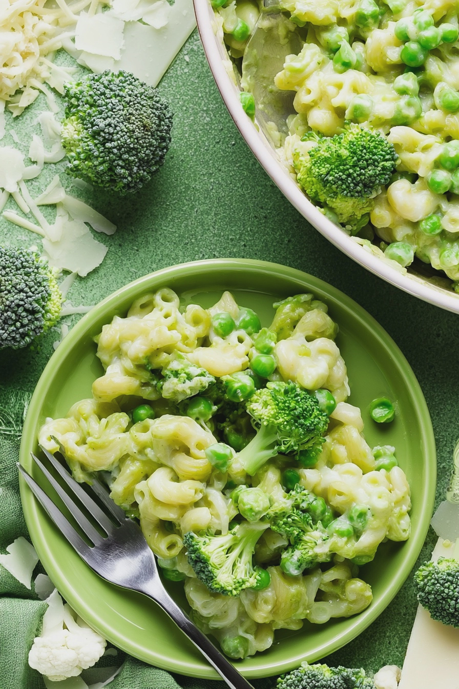 Delicious green mac and cheese made with spinach, broccoli, and peas in a vibrant bowl.