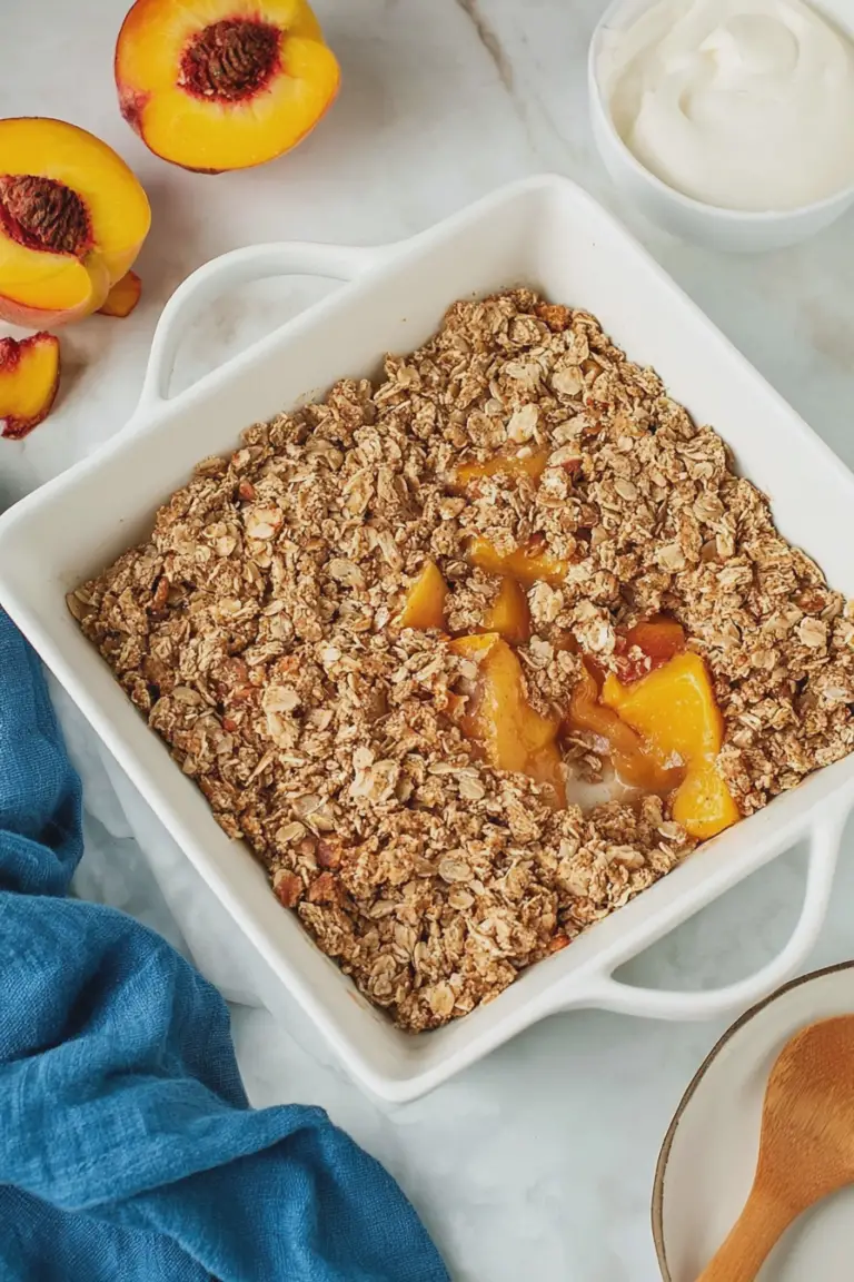 Close-up of healthy peach crisp dessert with a scoop of vegan ice cream and peach slices
