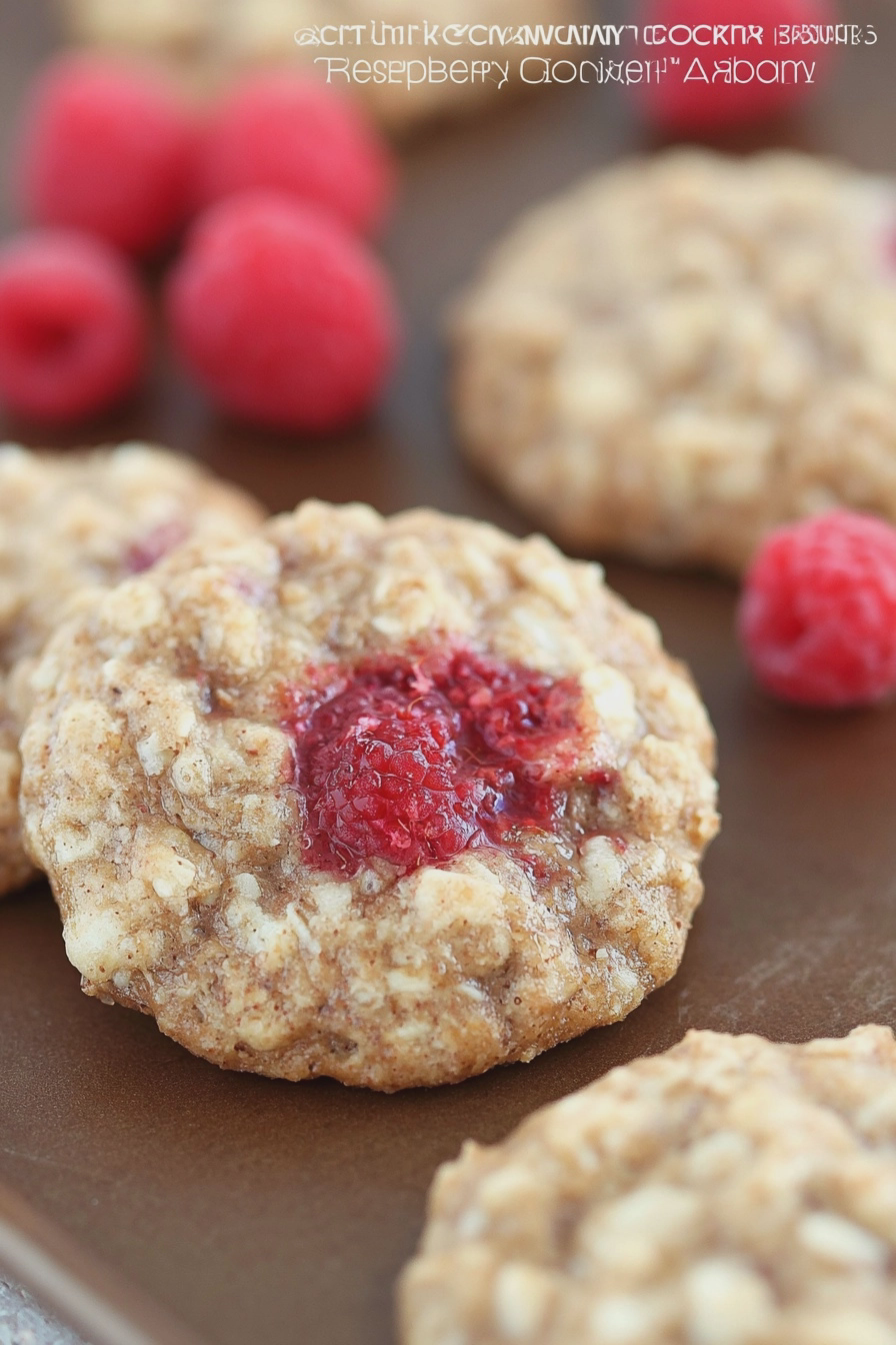 Delicious healthy raspberry oatmeal cookies served with fresh raspberries and a glass of milk.