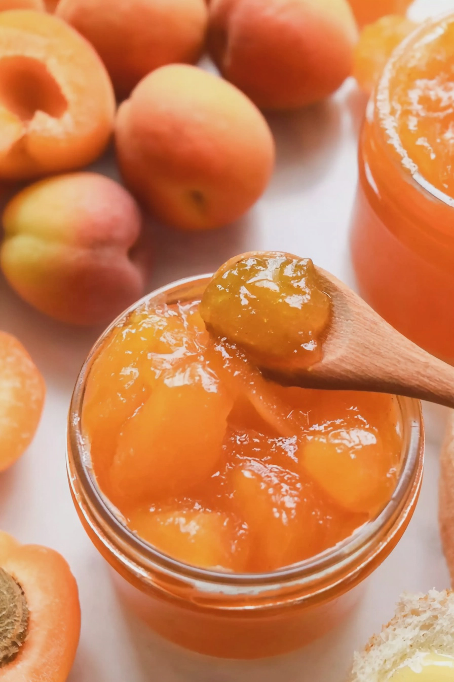 Homemade apricot jam in a glass jar surrounded by fresh apricots and lemon slices.