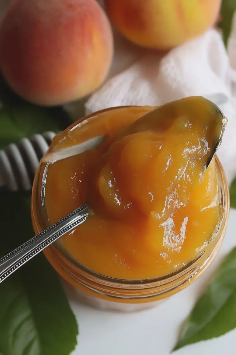 A jar of homemade peach butter with fresh peaches on a wooden table.