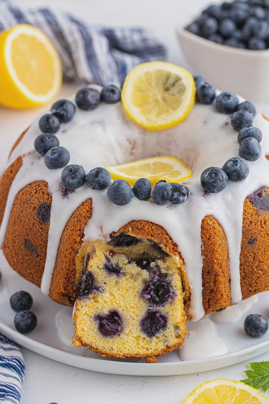 Lemon blueberry bundt cake topped with fresh blueberries and lemon slices, showcasing its moist texture and glaze.