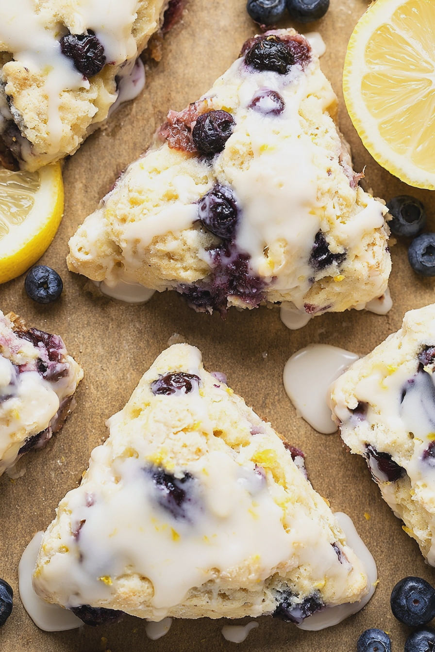 Delicious lemon blueberry scones with glaze on a plate, garnished with blueberries and lemon slices.