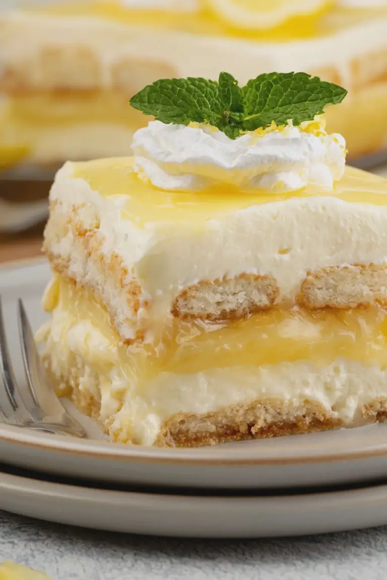 Delicious Limoncello tiramisu with lemon slices and fresh mint on a wooden table.