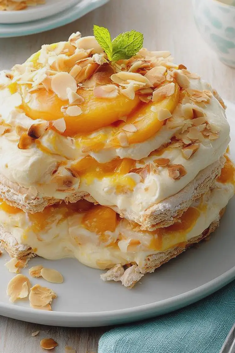Layered mango almond icebox cake with fresh mango slices and mint garnish on a white plate.