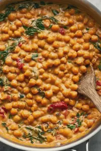 Delicious Marry Me Chickpeas served with fresh basil and vegan parmesan, perfect for a quick vegan meal.