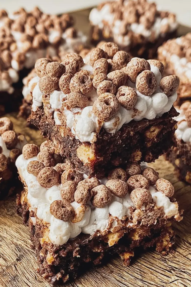 Delicious marshmallow cocoa puff brownies with gooey marshmallows and cocoa puff cereal topping on a wooden table.