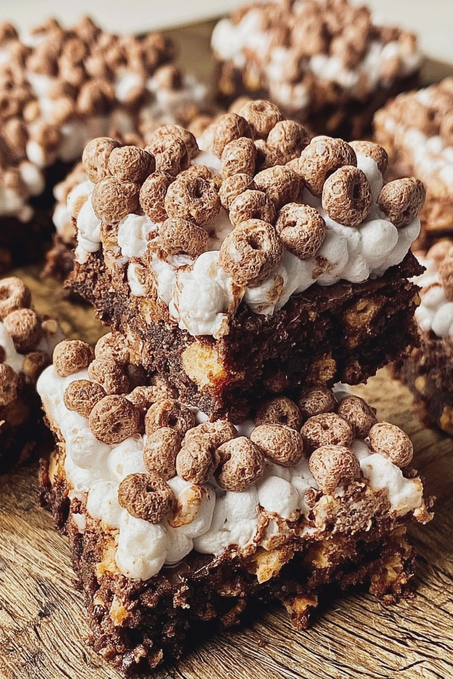 Delicious marshmallow cocoa puff brownies with gooey marshmallows and cocoa puff cereal topping on a wooden table.