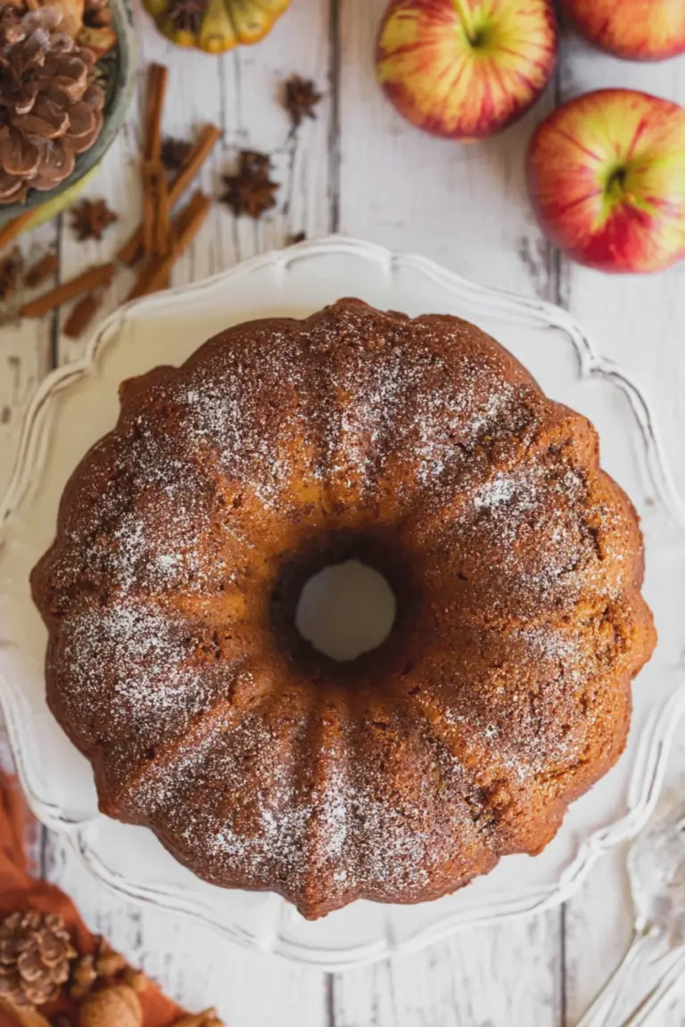 Moist apple spice bundt cake drizzled with bourbon glaze, displayed with fresh apples and spices.