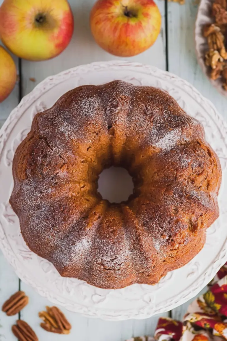 Moist apple spice bundt cake with bourbon glaze and garnished with apples and pecans.