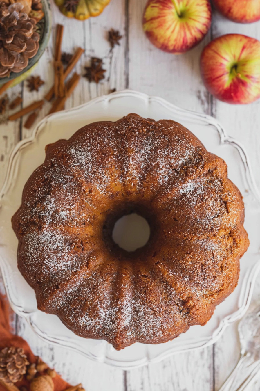 Moist apple spice bundt cake drizzled with bourbon glaze, displayed with fresh apples and spices.