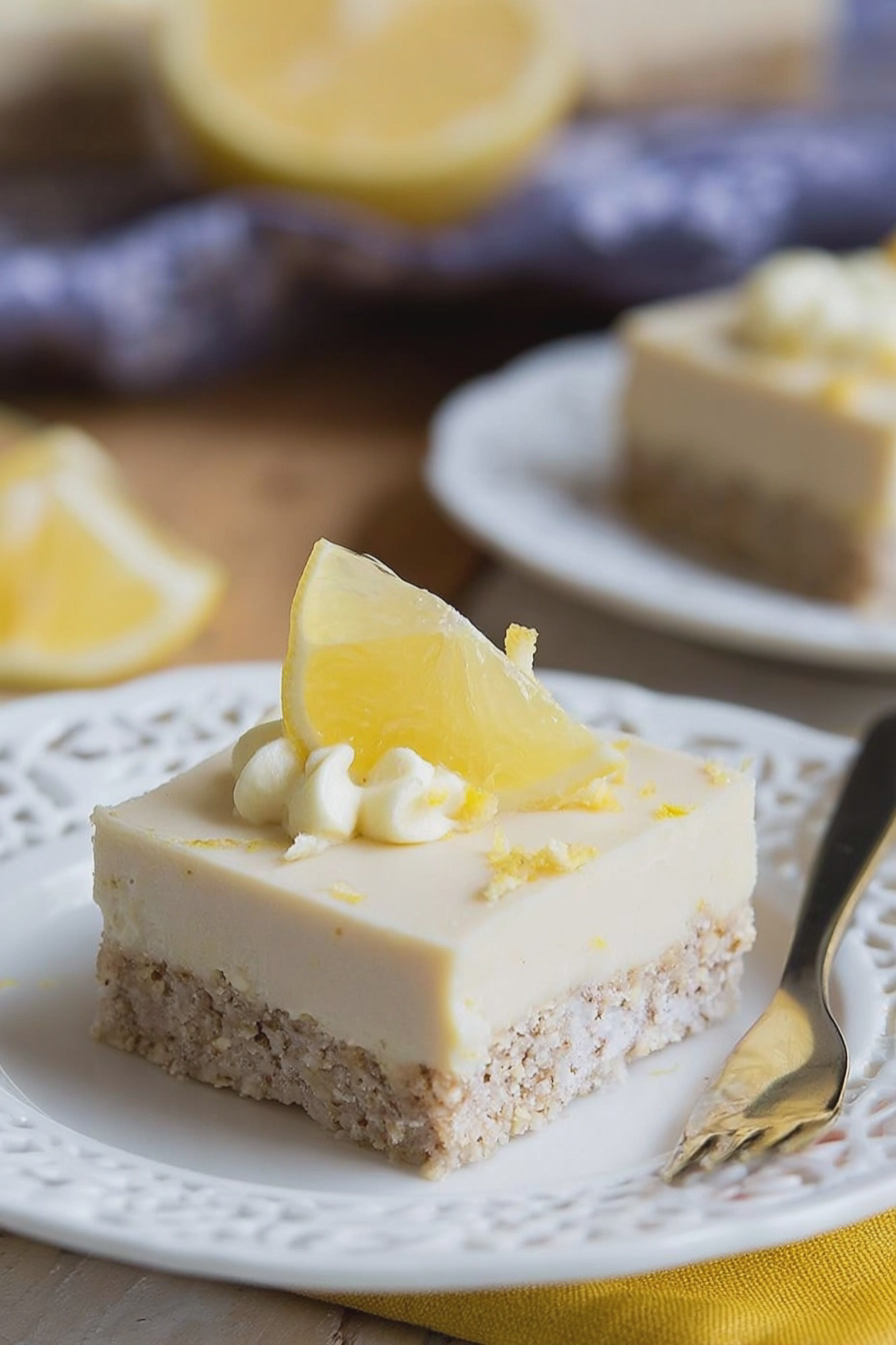 Close-up of a creamy no-bake paleo lemon bar slice on a plate, garnished with lemon zest and mint leaves.